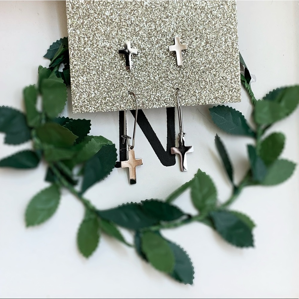 2 Pair Silver Cross Earrings